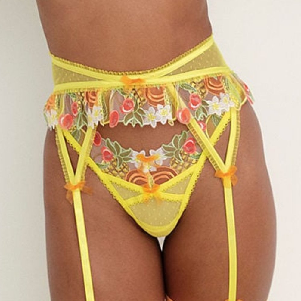 VS 2 Piece Set For Love & Lemons Thong & Garter Belt Multi Fruit Yellow NWT